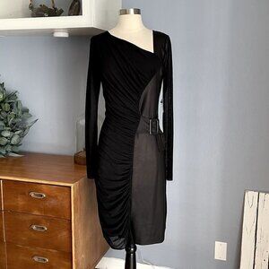 Viviana Gabeiras Black Ruched Sheath Dress Side Belt Detail Sheer Sleeves